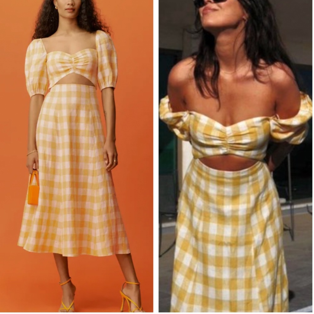 Reformation Yellow Plaid Midi Dress